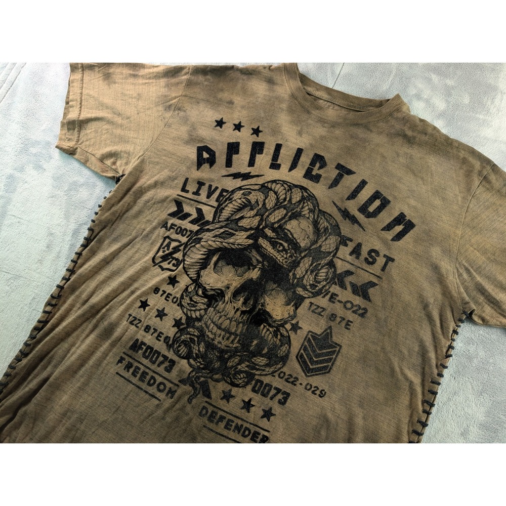 Affliction Mens 2XL Brown Freedom Defender Skull Snake Graphic Whipstitch Tee